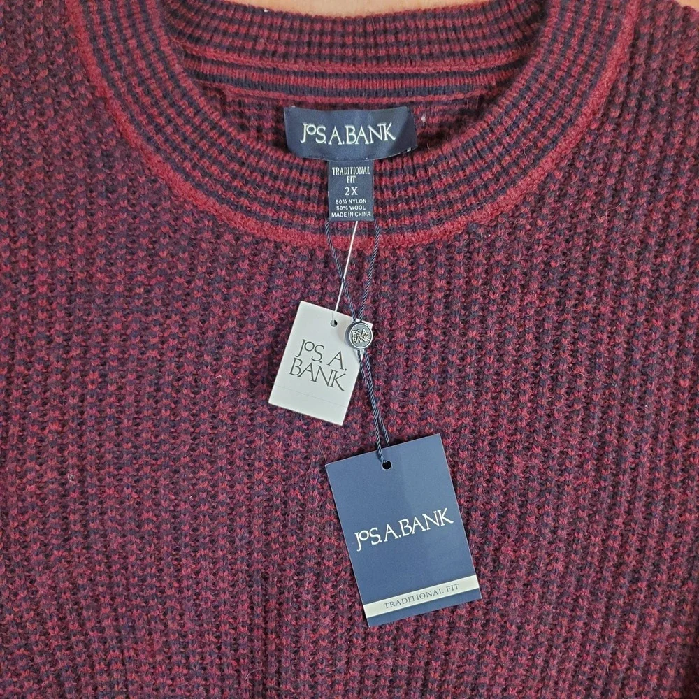Jos A Bank Mens Sweater 2XL Red Burgundy Wool Nylon Crew Neck
